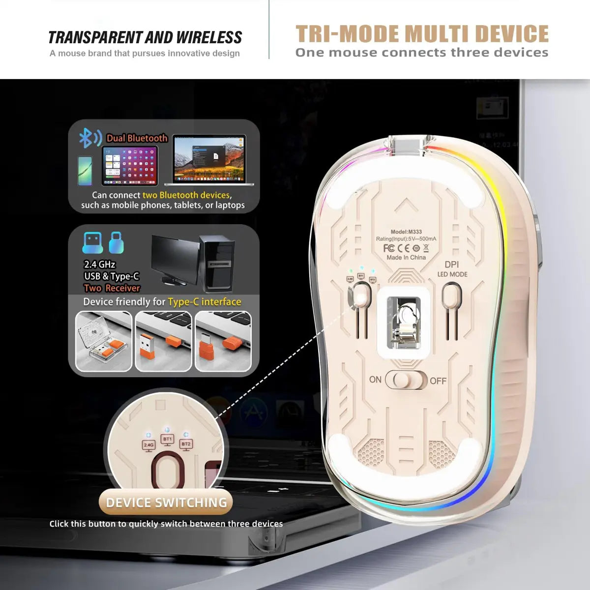M333 Tri-Mode Transparent RGB Wireless Rechargeable Mouse