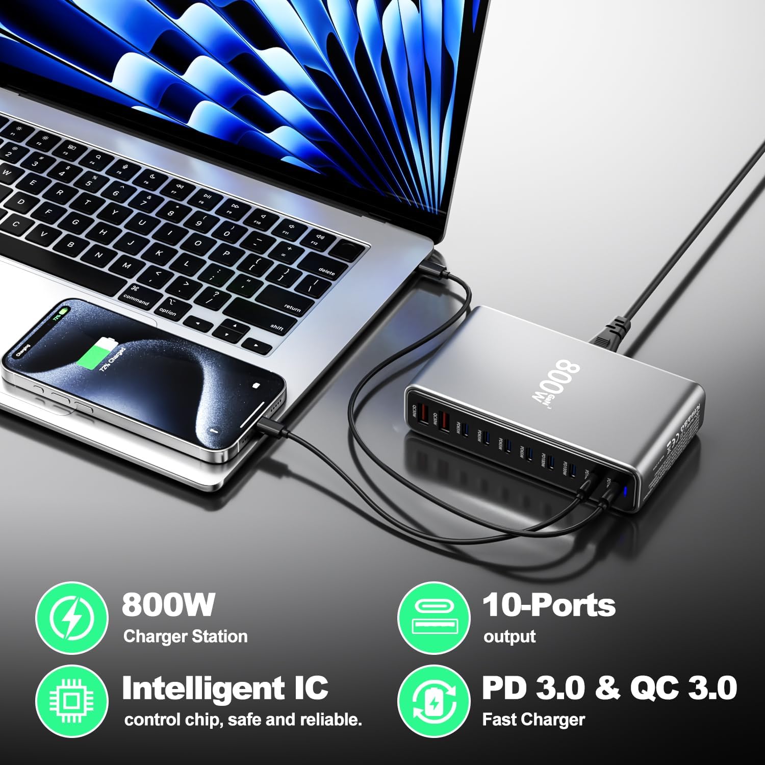 800W 10 Port GaN USB-C Fast Charger