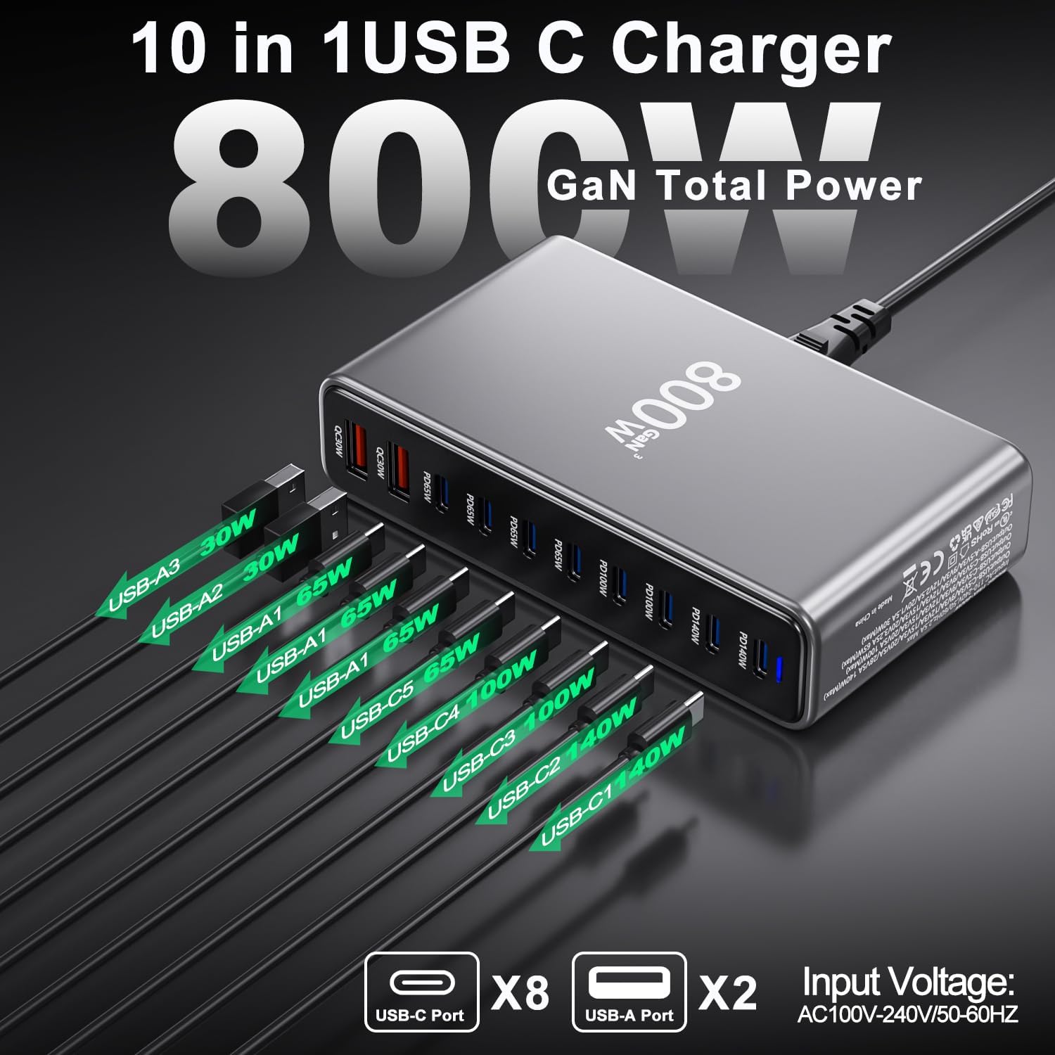 800W 10 Port GaN USB-C Fast Charger