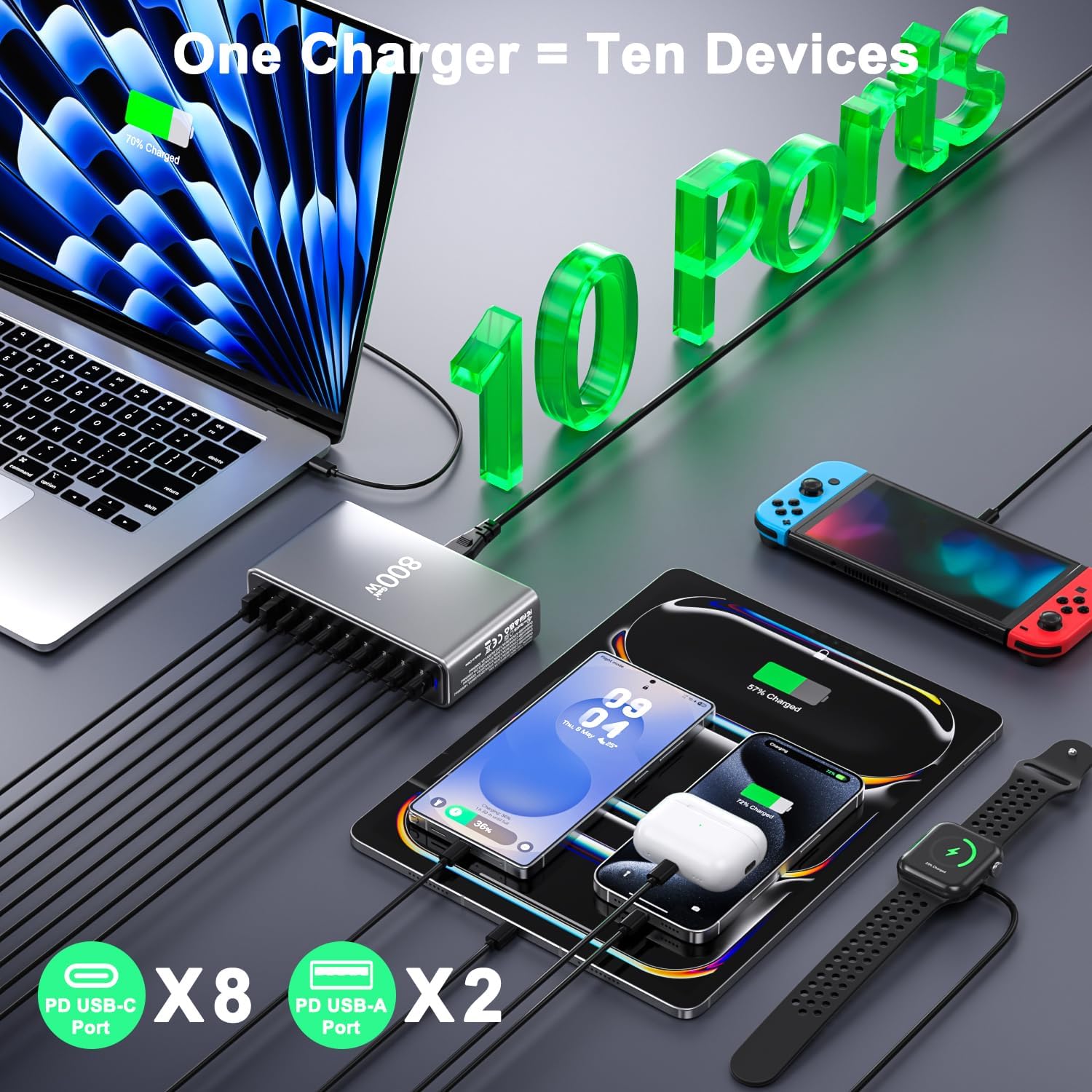 800W 10 Port GaN USB-C Fast Charger