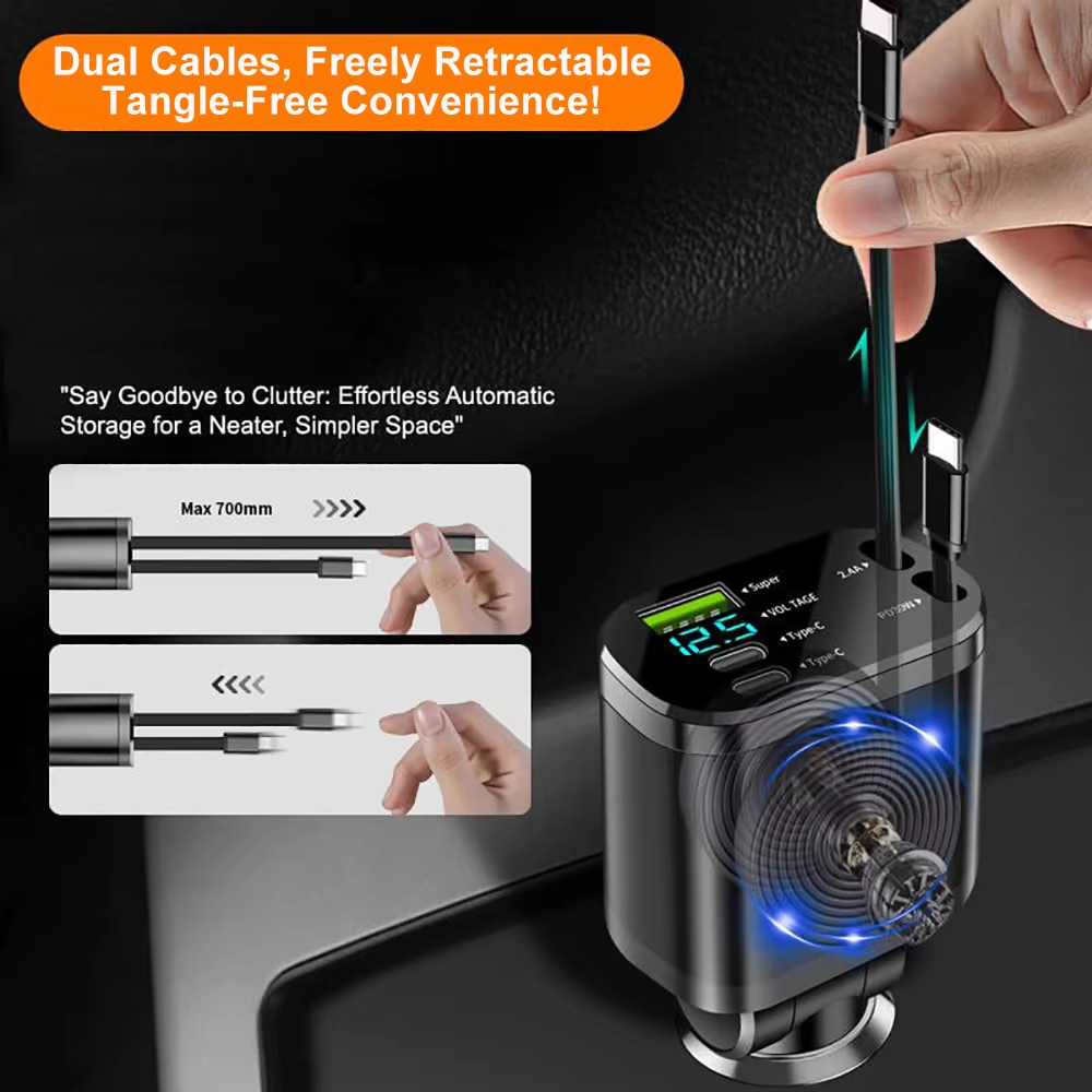 Fast Charging 5 in 1 Retractable USB Car Charger 120W PD3.1