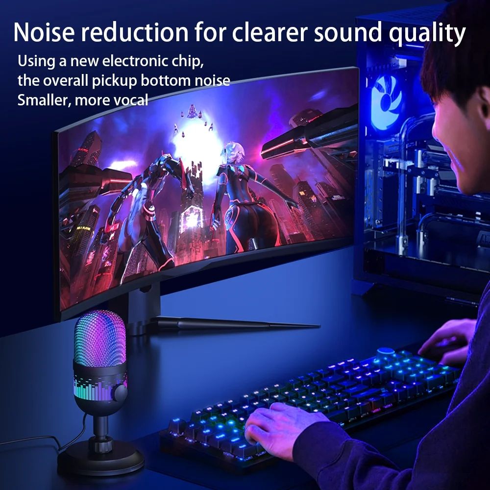 USB Desktop Condenser Microphone for PC Gaming RGB Recording Stand