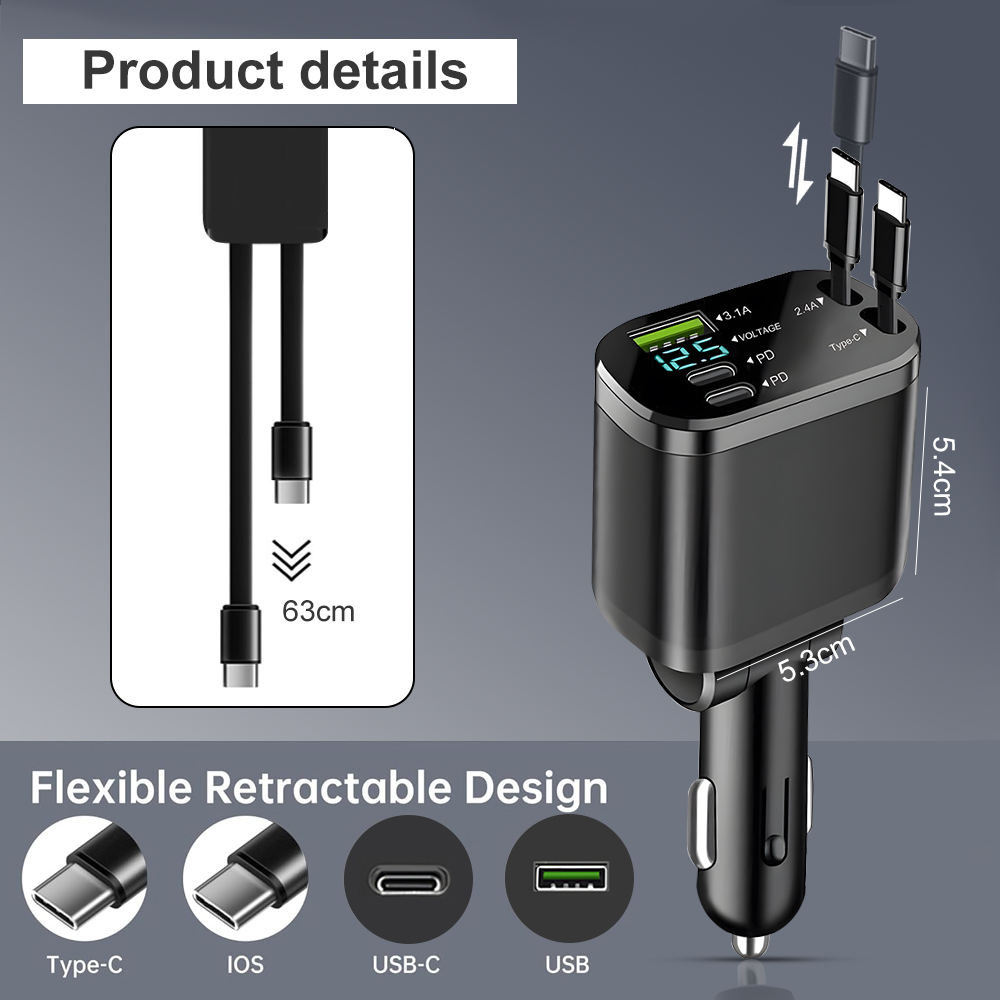 Fast Charging 5 in 1 Retractable USB Car Charger 120W PD3.1