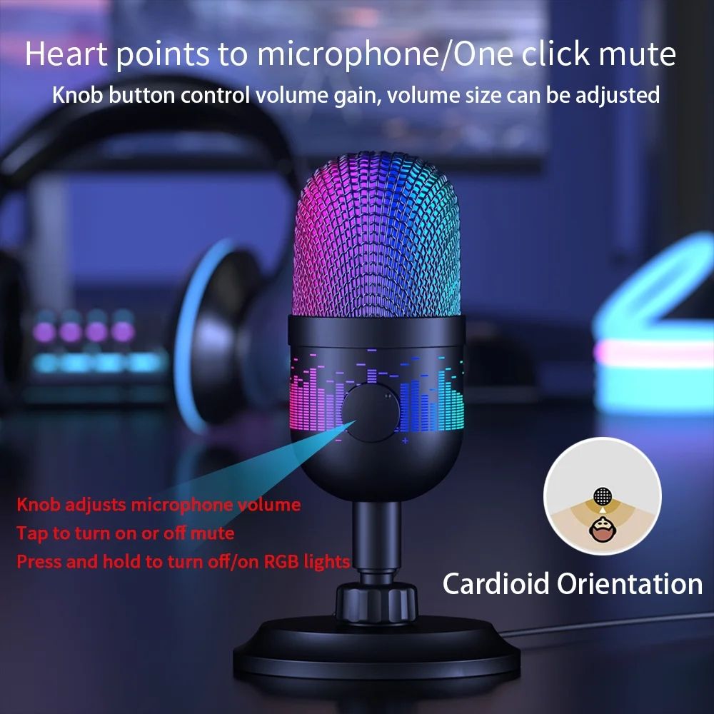 USB Desktop Condenser Microphone for PC Gaming RGB Recording Stand