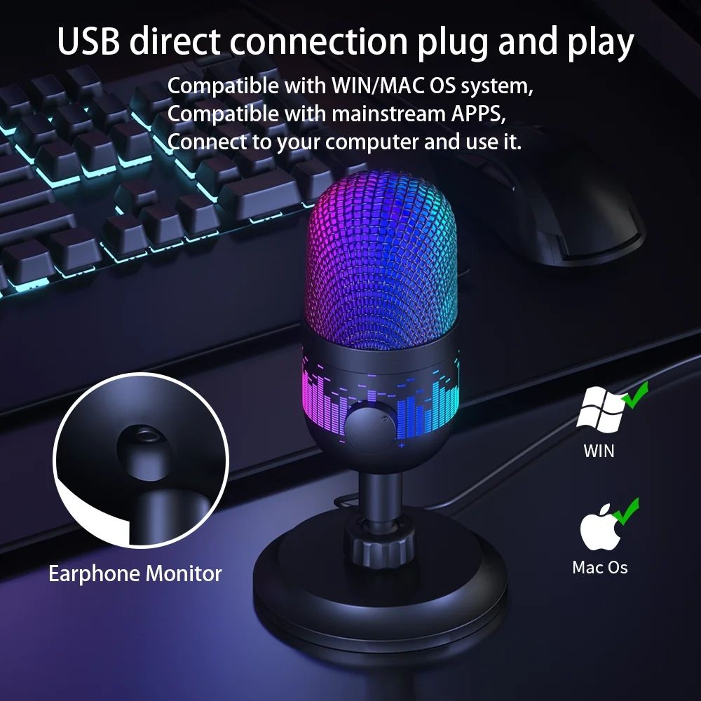 USB Desktop Condenser Microphone for PC Gaming RGB Recording Stand