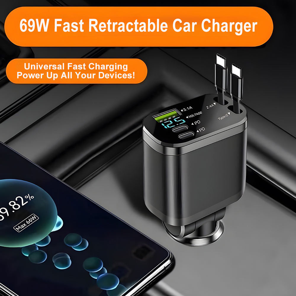 Fast Charging 5 in 1 Retractable USB Car Charger 120W PD3.1