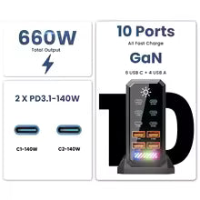 660W 10-Port GaN USB-C Fast Charging Station
