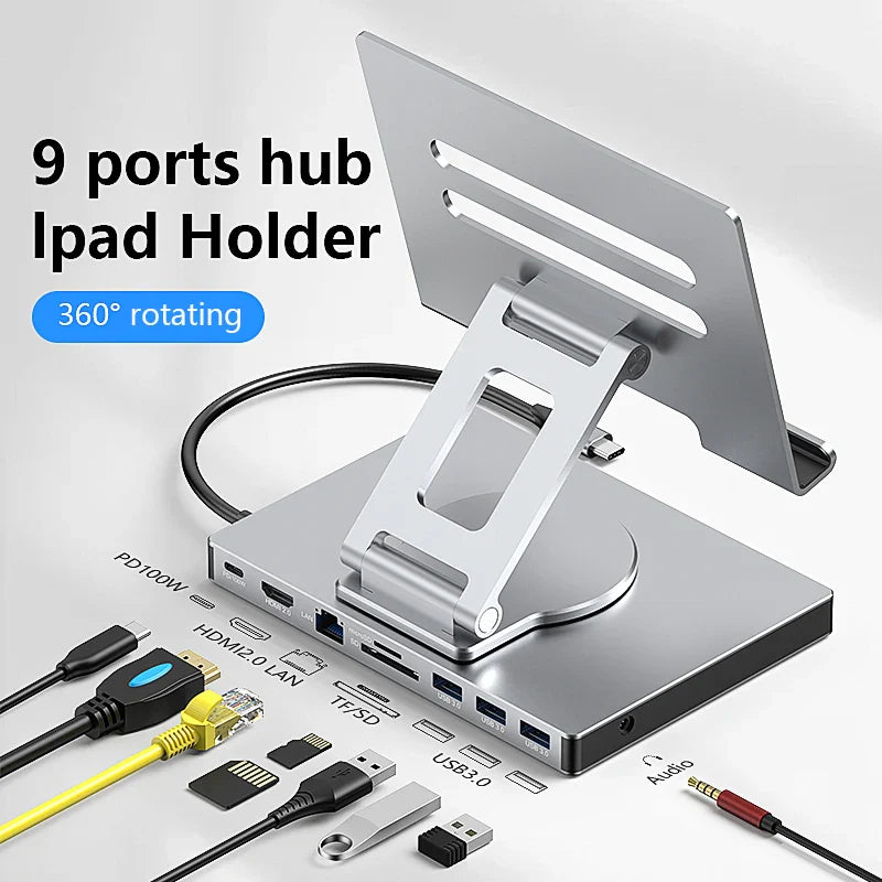 360° Rotating Stand with USB-C Hub