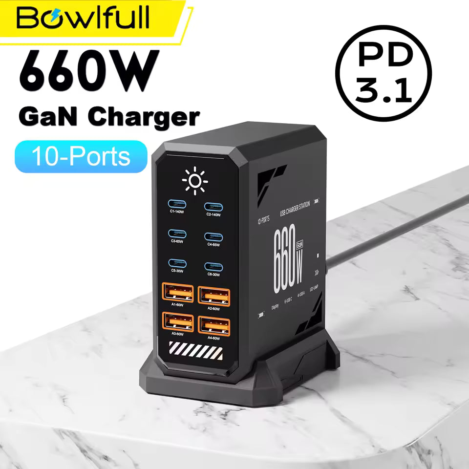 660W 10-Port GaN USB-C Fast Charging Station