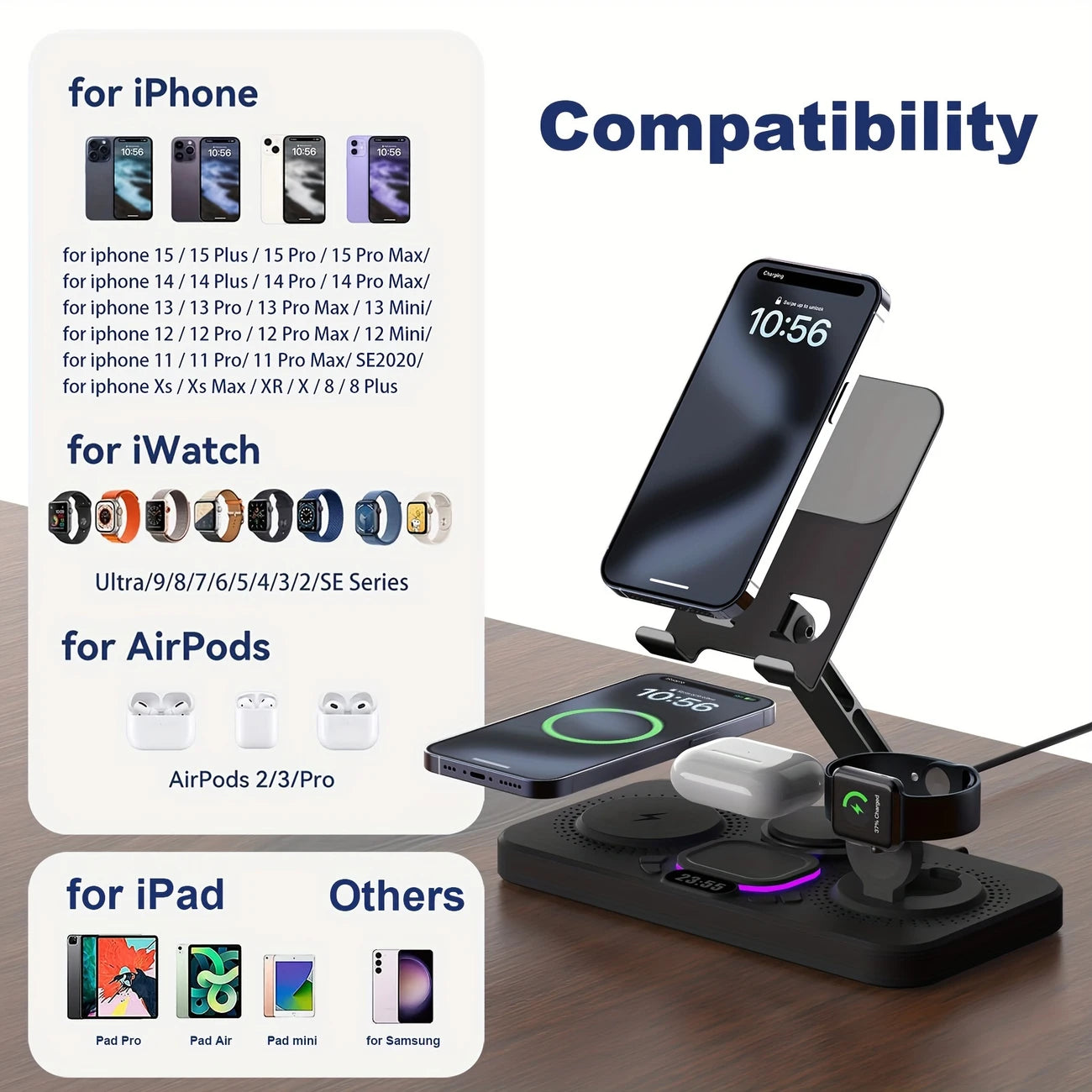 4-in-1 Wireless Charging Station with Clock & Night Light