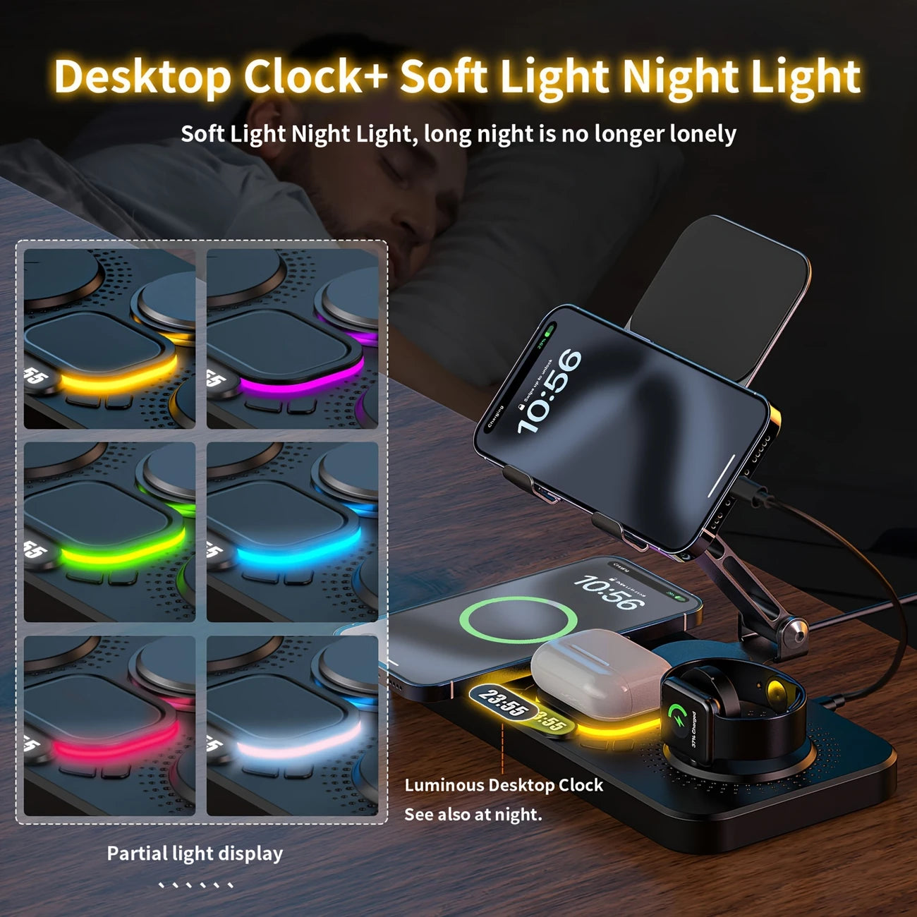 4-in-1 Wireless Charging Station with Clock & Night Light